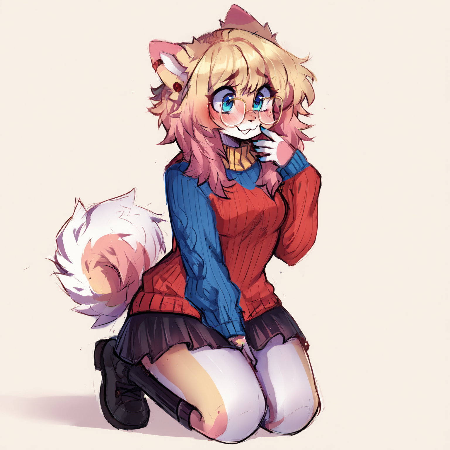 score_9, score_8_up <lora:Aska-PONY:1> aska, female, solo, looking away, skirt, sweater, on knees, glasses, blushing, smile, nervous