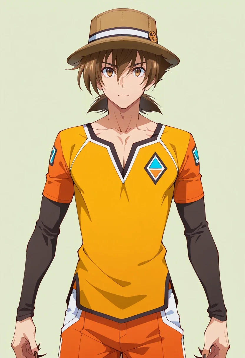 masterpiece, best quality, , , looking at viewer, 1boy, solo, male focus, <lora:issei_hyoudou_ilxl:0.9>, issei_hyoudou, brown hair, brown eyes, hair between eyes, short hair, boosted gear, claws, , Sateen Mosaic Tangerine Shorts, Geometric Rayon Chartreuse Graphic long-sleeve shirt, , Pork pie hat,