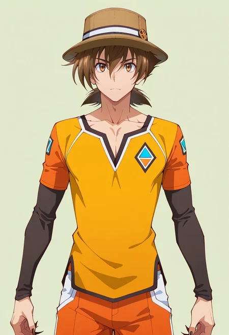 masterpiece, best quality, , , looking at viewer, 1boy, solo, male focus, <lora:issei_hyoudou_ilxl:0.9>, issei_hyoudou, brown hair, brown eyes, hair between eyes, short hair, boosted gear, claws, , Sateen Mosaic Tangerine Shorts, Geometric Rayon Chartreuse Graphic long-sleeve shirt, , Pork pie hat,