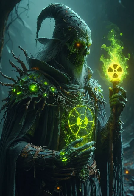 reality-shot, realism, realistic photography of a very detailed warlock, awesome appearance, magical landscape with enchanted elements, fantasy art style, charcoal grey theme, intricate details, ultra sharp, exquisite detail, flawless composition, vivid colors, masterpiece, exciting background <lora:RadiationMorph:1> IrradiateMorph