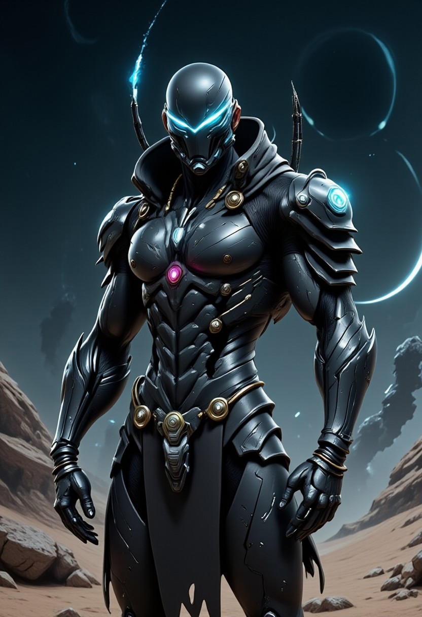 rugged and battle-hardened human ranger, stands in a desolate alien landscape under a starry sky. He wears futuristic tactical armor with a weathered cloak draped over his shoulders, holding a high-tech bow glowing with energy. His expression is focused and determined, as if he's on the hunt for dark creatures. Behind him, the ruins of an ancient temple rise from the ground, while distant planets and stars shine in the background