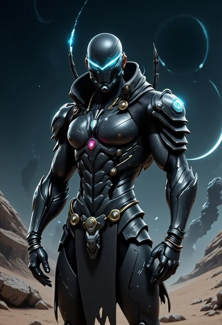 rugged and battle-hardened human ranger, stands in a desolate alien landscape under a starry sky. He wears futuristic tactical armor with a weathered cloak draped over his shoulders, holding a high-tech bow glowing with energy. His expression is focused and determined, as if he's on the hunt for dark creatures. Behind him, the ruins of an ancient temple rise from the ground, while distant planets and stars shine in the background