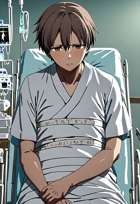 high resolution, solo, best quality, 1Boy, Takaki Toono, Brownish Hair, Brown Eyes, bandage, patient, hospital, OverallDetail