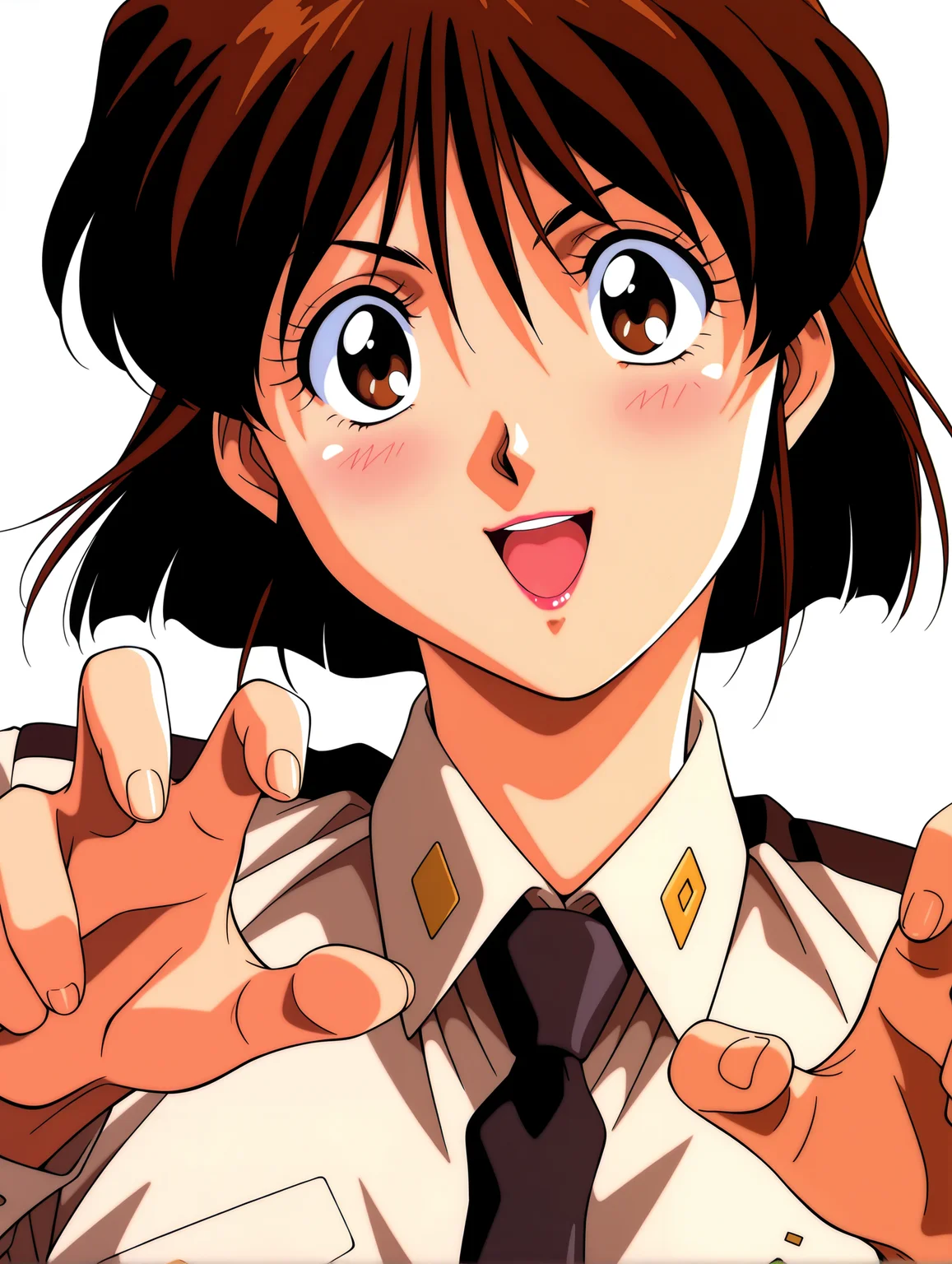 masterpiece,best quality,amazing quality,
1girl,solo,
<lora:Yuriko_Star_ilxl_v1.0:1>,Y_S,brown hair,short hair,brown eyes,lipstick,
y_clothes,shirt,black tie,1990s \(style\),
<lora:Fixhands_anime_bdsqlsz_V1:1>,front view,dynamic_angle,face_focus,kind_smile,open mouth,blush,claw pose,white_background,simple_background,looking_at_viewer,