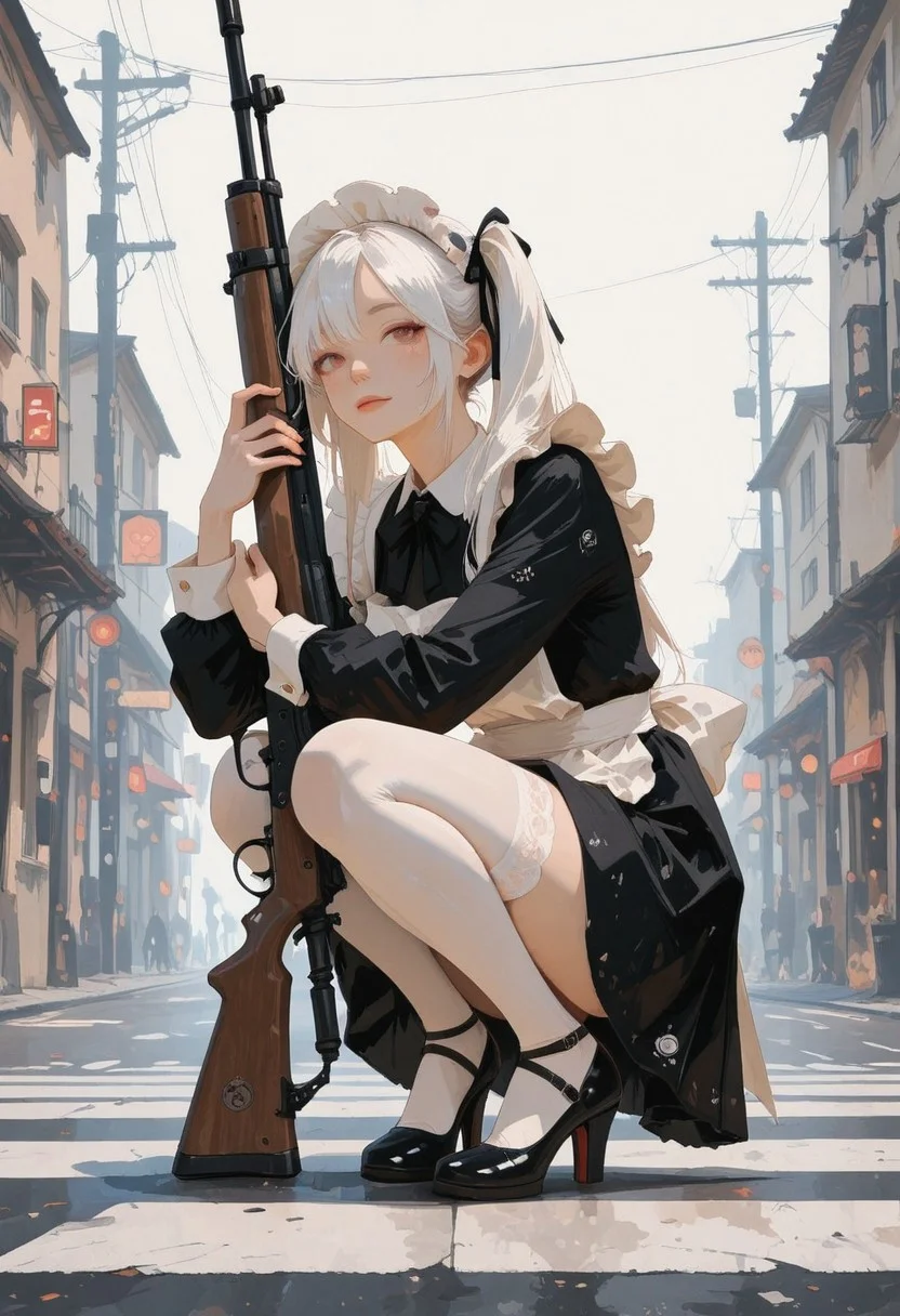 masterpiece, best quality, amazing quality, very aesthetic, newest,
1girl, solo, squatting, carrying a very large rifle, hold a long gun,
maid costume, twin tails, white hair, long hair, ribbon, black dress, skirt, white stockings, apron, smile, Full body,
BREAK
crosswalk,
69yottea_style_illu,
wasabi_natsume_illu, abstract, surreal,