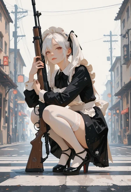 masterpiece, best quality, amazing quality, very aesthetic, newest,
1girl, solo, squatting, carrying a very large rifle, hold a long gun,
maid costume, twin tails, white hair, long hair, ribbon, black dress, skirt, white stockings, apron, smile, Full body,
BREAK
crosswalk,
69yottea_style_illu,
wasabi_natsume_illu, abstract, surreal,