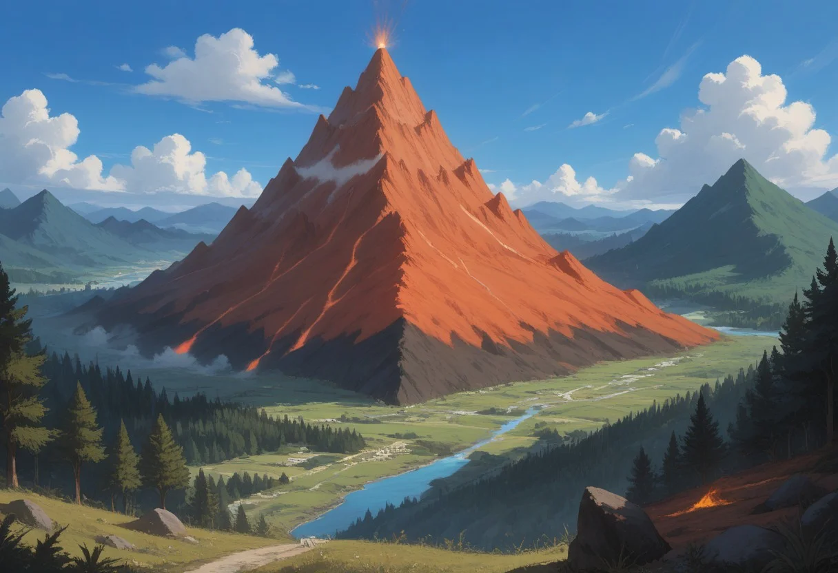 score_9, score_8_up, score_7_up, (masterpiece), best quality, symphtia-style, landscape, (volcano, erupting volcano), forest