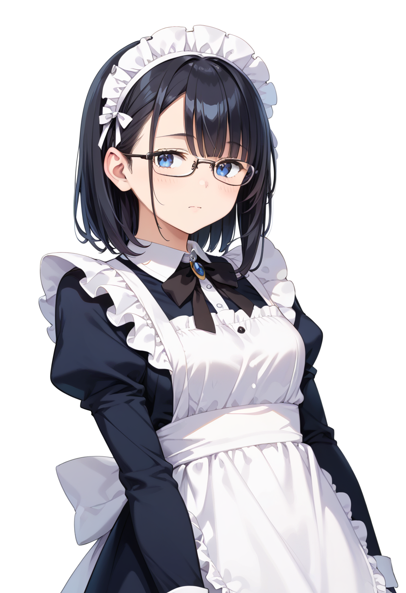 score_9, score_8_up, score_7_up, rating_safe, masterpiece, best quality, absurdres, unity 8k wallpaper, official art, official style, source_anime, uncensored, game cg, megami magazine,
1girl, solo, black hair, medium hair, upper body, covered eyes,maid, maid headdress, black dress, maid apron, face focus,
underrim_metal, glasses, still life, white background, simple background, under-rim eyewear, black-framed eyewear, 
 <lora:glasses_underRimMetal_PONY_V1:1>