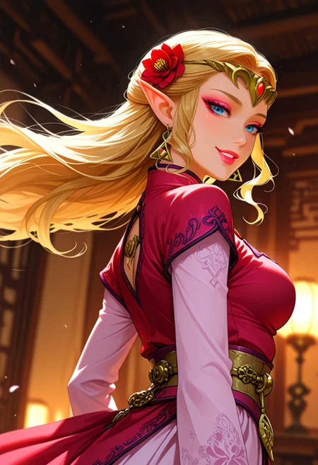 ultra realistic, masterpiece, high detailed skin, best quality, high res, very aesthetic, anime style, studio anime, source_ecchi, anime, (finely detailed face), (petite body:1.3), <lora:ootzelda-illu-nvwls-v1-000006:1> ocarzld, blonde hair, long hair, sidelocks, blue eyes, pointy ears, gold tiara, earrings, large breasts, makeup, smokyeyes, lash, pink mascara, puffy lips, glossy pink lips, 1girl, floating hair, jewelry, long hair, hair ornament, solo, flower, earrings, lips, chinese clothes, eyelashes, makeup, wind, bright red lips, red flower, dress, looking back, long sleeves, lipstick, hair flower, breasts, naughty grin on her lips, short sleeves, and the lighting is soft and warm. dramatic scenery, intricate details, (blurry background, depth of field:1.1), erotic and aesthetic, lascivious pose, aroused, dynamic dutch angle, from below, blurry background, bright colors, stunningly artwork, (blurry background, depth of field:1.1),
