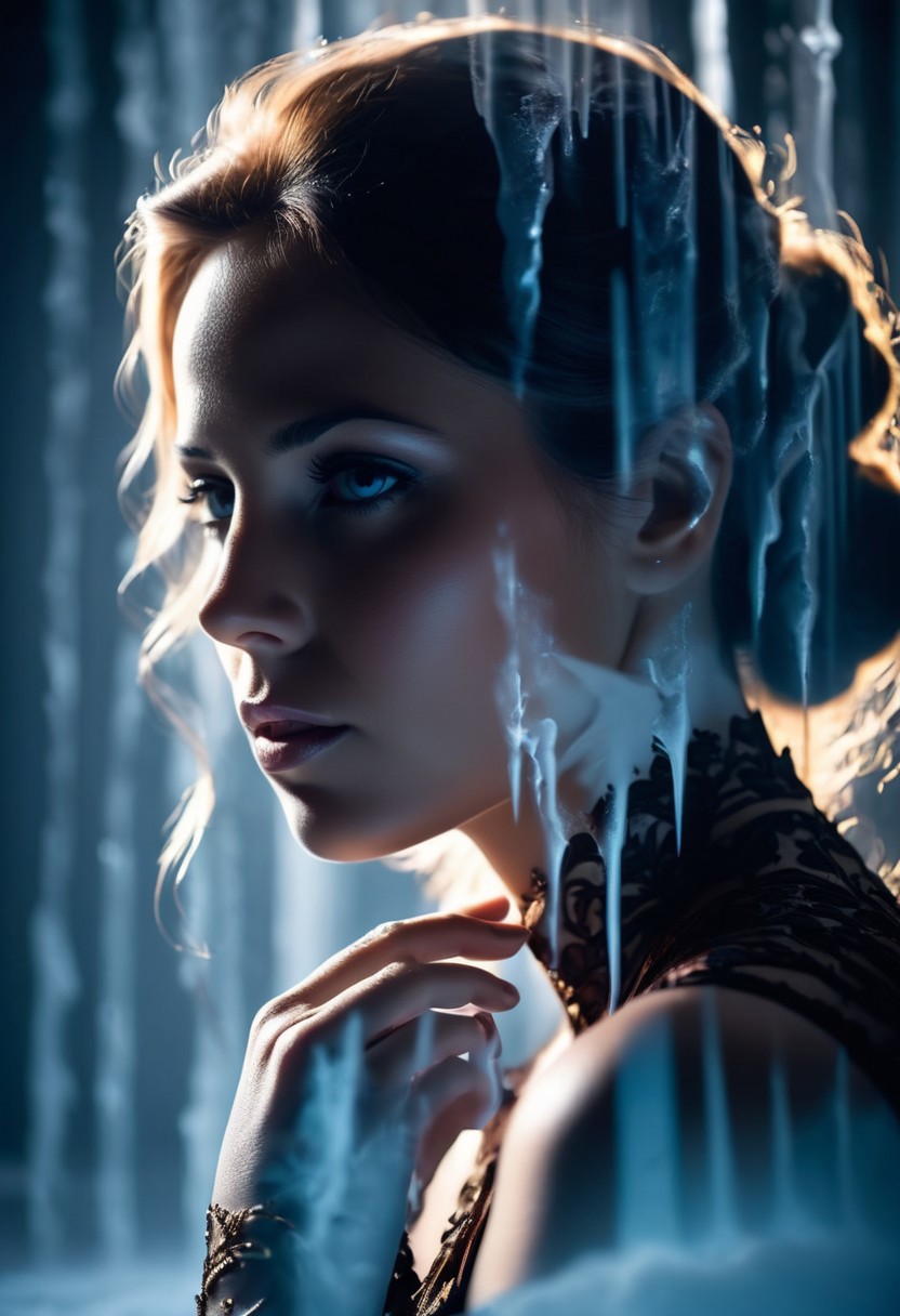 Cold Lighting, Well-visualised, opulent, Silhouette, double exposure, masterpiece, positive emotions, sharp focus, beautiful elegant, Depth of field 100mm, stunningly beautiful background,