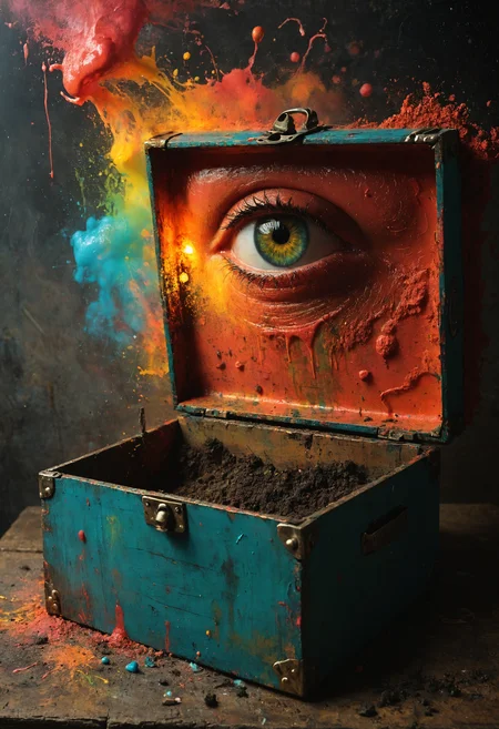 Watch yourself rot in a box, Dirt in ya nostrils, worms all in ya thoughts, <lora:Lost_In_Dreams:0.6>, <lora:great_lighting:0.8> great lighting, holography, <lora:gorgoeus_splash_of_vibrant_paint:0.7> Gorgeous splash of vibrant paint