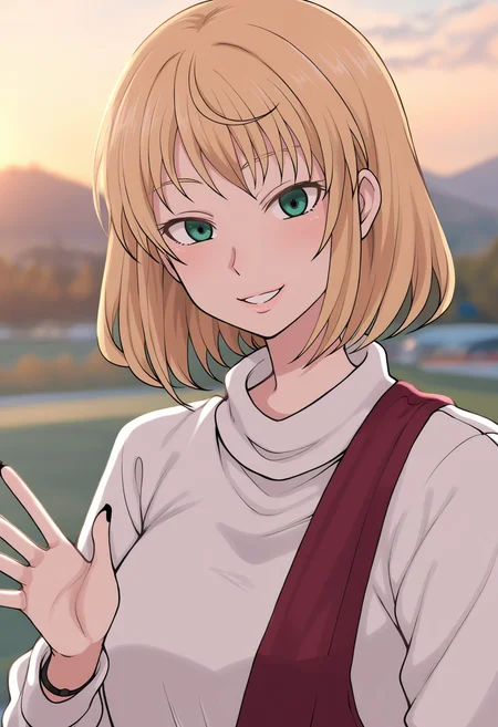 score_9,BREAK bedroom,photo background, depth of field,blurry background, official art,official wallpaper,BREAK <lora:kaya-terasumc-v2-xl-000016:1> 1girl, kaya_(terasu_mc), blonde hair, green eyes,seductive smile,black nail polish,waving,