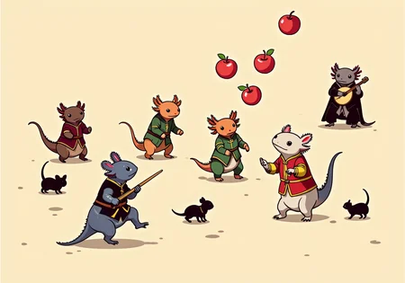 vector illustration, simple vector art of axolotls, axolotls at a medieval fair, dressed in tiny period-appropriate costumes. One axolotl is attempting to joust with a toothpick lance while riding on the back of a mouse, their opponent being another axolotl on a similarly-sized mount. In the background, another axolotl is trying to juggle oversized apples, struggling to keep them in the air, while a fourth axolotl is playing a tiny lute, providing music for the fair.<lora:simple_vector_illustration_FLUX.safetensors:1.0:1.0> <lora:Axomodel_Flux_V2.safetensors:1:1>