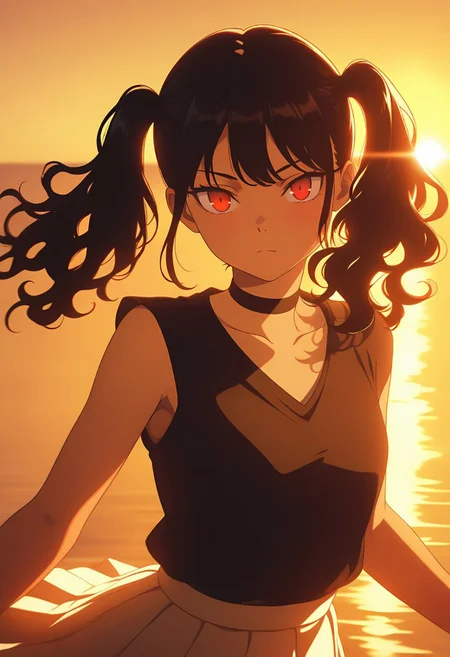 masterpiece, best quality, amazing quality, LDSCH, aesthetic, 1girl, solo, black hair, red eyes, twin tails, wavy hair, choker, sleeveless black top, white pleated skirt, looking at viewer, sunset lighting, backlight, rim lighting, warm color palette, ocean background, soft glow, cinematic angle, half body, dynamic pose, sunlight reflection, expressive face, serene atmosphere, lens flare
