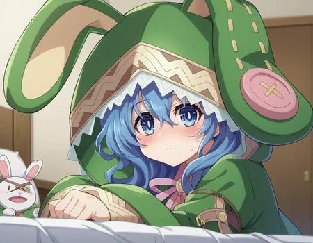 score_9, score_8_up, score_7_up, source_anime,
dalyoshino, <lora:dal-yoshino-s2-ponyxl-lora-nochekaiser:1>,
yoshino astral dress, long hair, blue eyes, ribbon, animal ears, hair between eyes, blue hair, hood, rabbit ears, coat, hood up, animal hood, rabbit hood, green coat,
indoors, bed, bed room, on side, blush, drunk,
looking at viewer, cowboy shot, dutch angle,