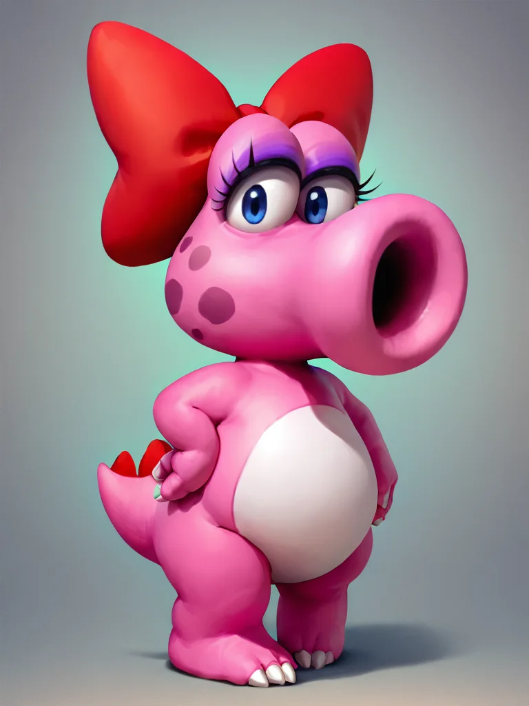 <lora:BirdoPony1.0:1> eyelashes, red bow, pink skin, dinosaur, open mouth, solo, no humans, full body, hair bow, blue eyes, hand on own hip, makeup, looking at viewer, score_9, score_8_up, score_7_up, score_6_up