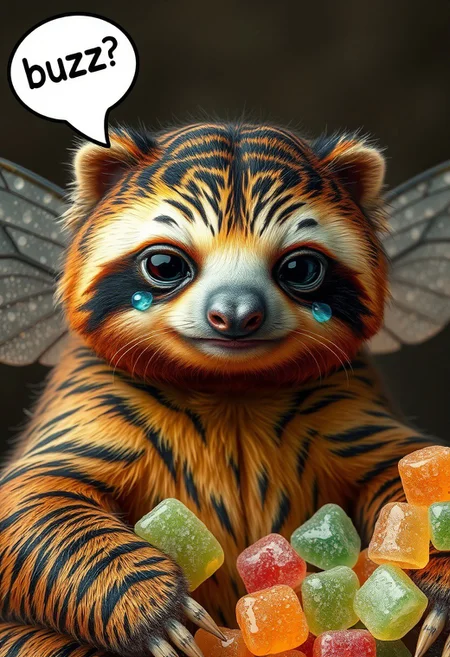 photorealism, photography, photo of a sloth with the striped fur of a tiger and insect wings, teary eyes, sad face, sugar gummies all around, speech bubble with text: "buzz plz?"