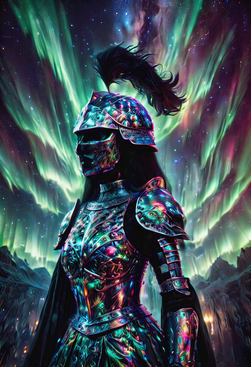 morph-aurora,Amidst the opulent court of a queen, one knight stands out. Clad in blackened plate armor, polished to a mirror sheen, she is known as the Iron Rose, the queen's most trusted protector. Her helmet, adorned with a single never leaves her side, a symbol of her unwavering loyalty and the iron will that lies beneath her stoic exterior.,black face shield<lora:aurora_0_100_V1-000009:1>
