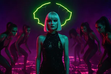cinematic still, Elvira Hancock as The Gilded Phantom, platinum bob and blunt bangs dripping with fractured neon, black sequin halter dress stiff with dried makeup, standing motionless beneath a cracked neon claw light shaped like a jagged halo, arms hanging at her sides as demon models circle her in predatory stances, medium shot, low-angle, setting is a scorched runway of broken LED panels in the Babylon Inferno, mood of toxic beauty and silent menace, harsh ultraviolet and hot pink backlights, color theme of electric magenta, oil-slick black, and acid green, style reference The Neon Demon