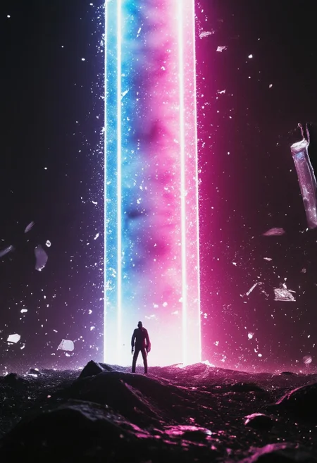 Monochrome cinematic action scene: The image is rendered in shades of black, white, and grey, creating a stark and dramatic atmosphere. The only vibrant contrast is the massive translucent greatsword, alive with pulsating neon veins of pink, blue, and purple energy, blazing through the monochrome setting like a beacon. The electrified tip of the sword glows intensely, drawing the viewer's focus as it arcs through the air, leaving vivid trails of light.
Particles of dust, sparks, and glowing debris erupt around the sword's motion, with the battlefield drenched in a muted palette that heightens the sword's brilliance. A Cyborg wields this massiv masterpiece