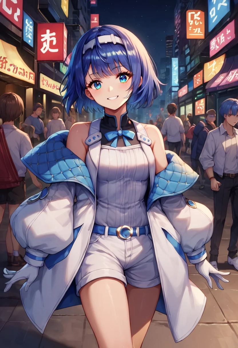 score_9, score_8_up, score_7_up, score_6_up, score_5_up, score_4_up, anime source,
<lora:SuzukiTsudumi_PONY_V2:0.9>suzukitsudumi, 1girl, bangs, headband, bow, blue hair,
white dress, long sleeves, short hair, off shoulder, puffy sleeves, shirt, shorts, white shorts, smile, white footwear, white gloves, hood,
Night, Cyberpunk, Cybercity, Crowd, Street, Illuminations, Signs, Walking, Solo Focus, Upper Body,