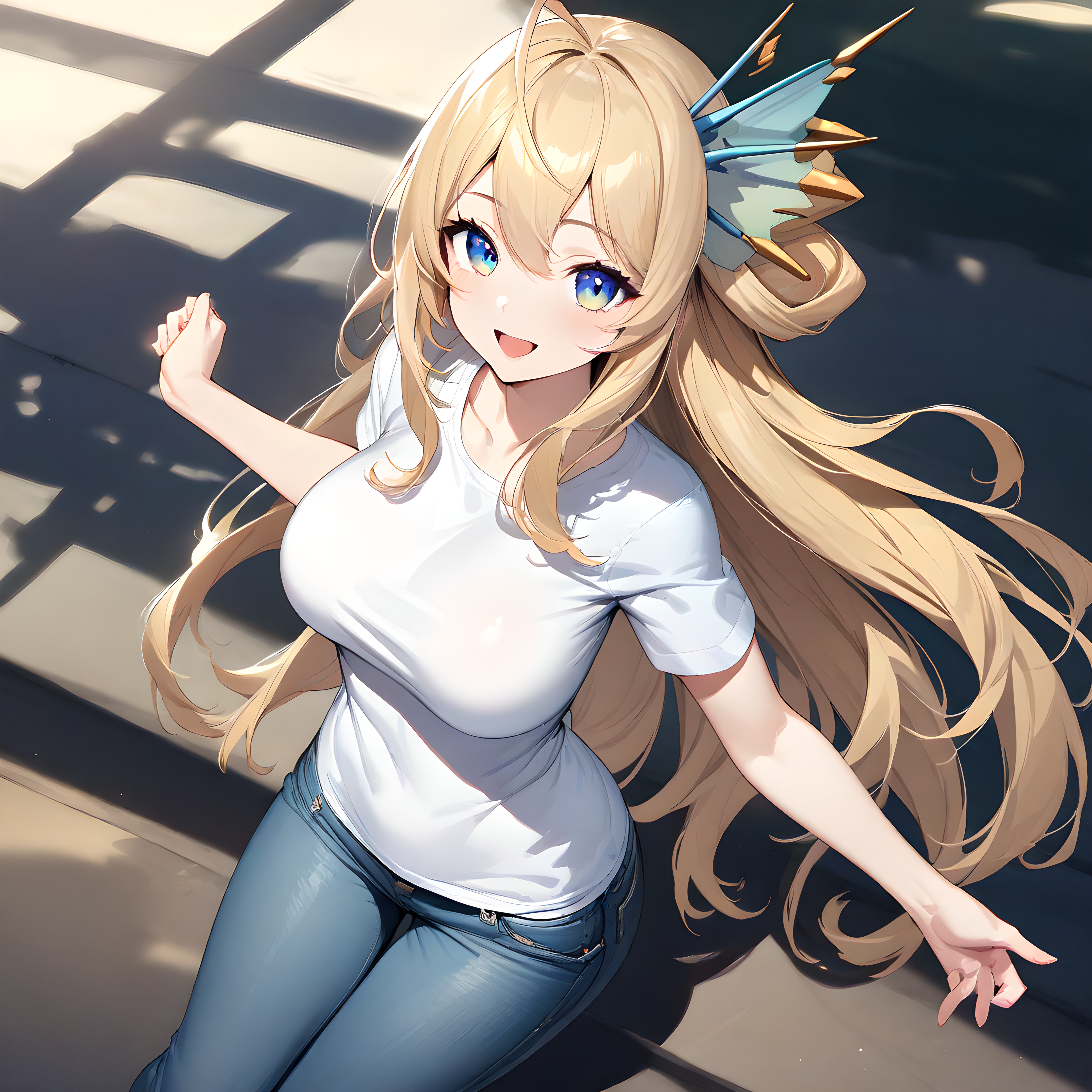 (masterpiece),(best quality),(ultra-detailed),(best illustration),(best shadow),(absurdres),(detailed background),(very aesthetic), lay ohva, 1girl, solo, blonde hair, solo, long hair, breasts, hair ornament, blue eyes, open mouth, smile, jacket, t-shirt, white t-shirt, jeans, <lora:XL-LayOhvav1:1>