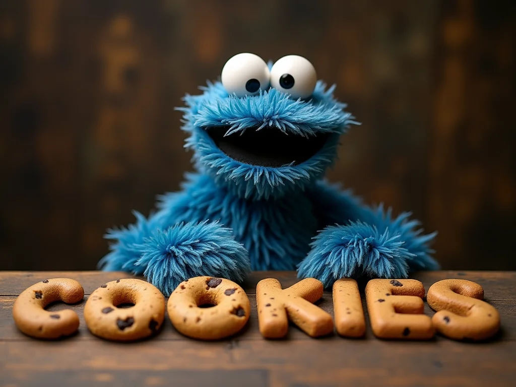 Cookie Monster is sitting infront of a table that has cookies on them. These cookies are arranged to build the text "COOKIES", best quality, 4k, 8k, high resolution, cinematic, vibrant, intricate, Hyperrealistic, high detail