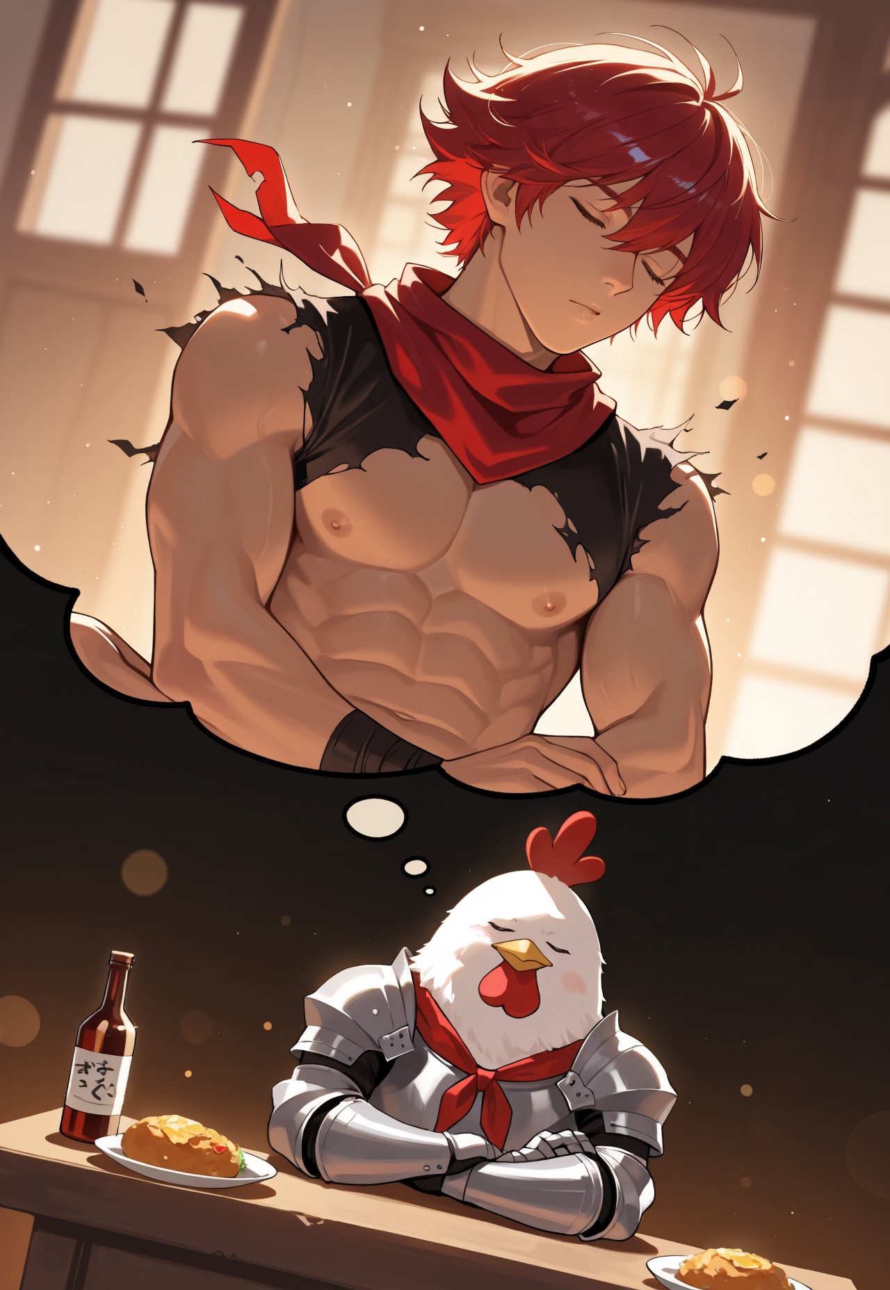 masterpiece, high quality, best quality, very aesthetic, absurdres, extremely detailed, realistic, volumetric lighting, (male focus, gay, male only), dynamic pose, dynamic angle,, 1boy, portrait, shallow depth of field, bokeh, knight, red vignette, dutch angle, torn clothes, red neckerchief, toned male, blowing hair, dreaming of chicken, meditation, dreaming, dreaming of, sleeping, sitting, head on desk, dreaming of chicken, food