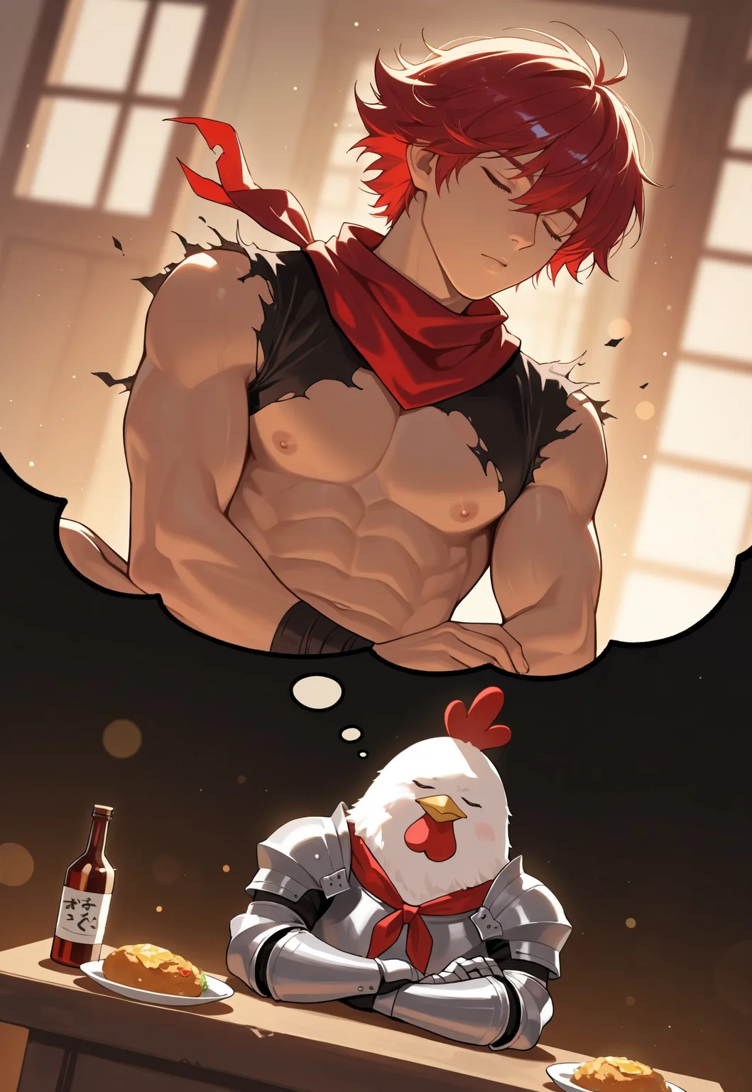 masterpiece, high quality, best quality, very aesthetic, absurdres, extremely detailed, realistic, volumetric lighting, (male focus, gay, male only), dynamic pose, dynamic angle,, 1boy, portrait, shallow depth of field, bokeh, knight, red vignette, dutch angle, torn clothes, red neckerchief, toned male, blowing hair, dreaming of chicken, meditation, dreaming, dreaming of, sleeping, sitting, head on desk, dreaming of chicken, food
