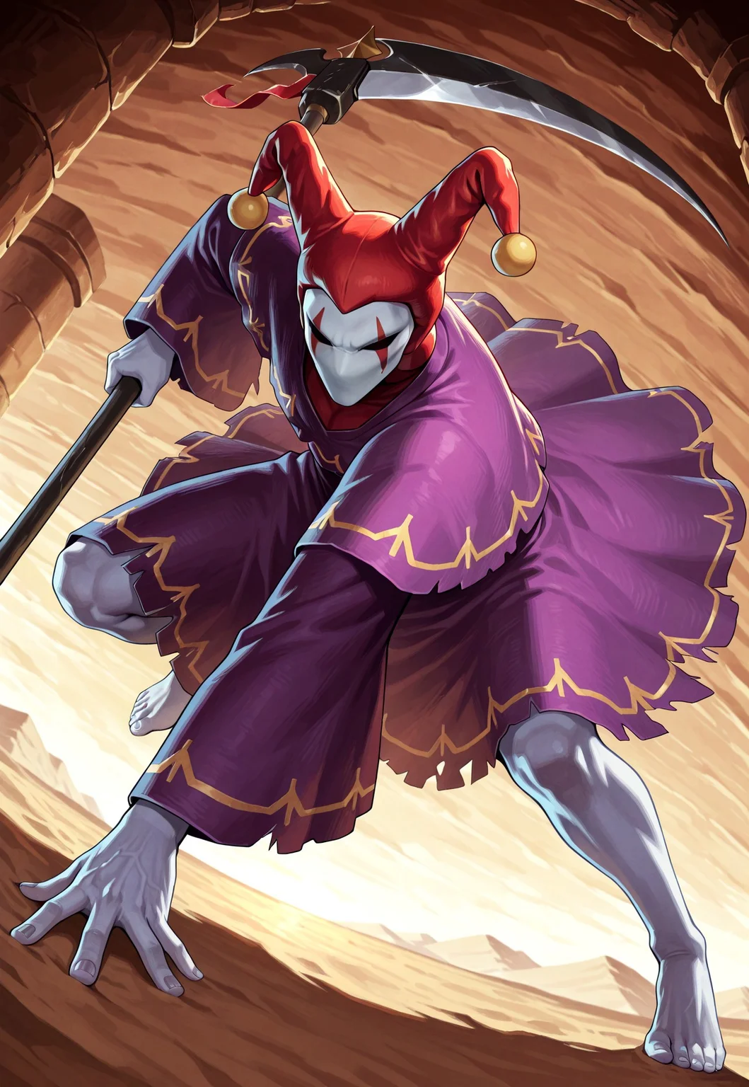 score_9,score_8,score_7,source_furry, (masterpiece, best quality, high quality:1.2), detailed hands,character focus, detailed skins, body blush, cinematic shadow, character focus, ultra detailed background,
dutch angle, from below,
<solo:1.5>, <1boy:1.5>, (anime:3.5), (official:3.5), (dynamic pose:1.8), attacking,
chariotsaga, 1boy, solo, male focus,
jester, red headwear, looking at viewer, white skin, jester cap, pom pom (clothes), (faceless mask:1.2), facepaint, hat, robe, purple robe, torn robes, long sleeves, wide sleeves, barefoot, light gray color nails, holding, scythe, weapon, holding scythe, holding weapon,
ancient ruin background, indoor, dark orange stone wide rooms, darkness, sand, desert,