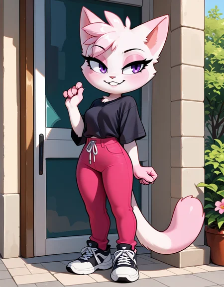 masterpiece, best quality, very aesthetic, absurdres,
outdoors, casual,
full body, standing, posing,
seductive smile, parted lips, long eyelashes,
<lora:Jana_v01_NAIXL:1>
J4n4,1girl,solo,furry,furry female,cat girl,cat ears,purple eyes,animal nose,body fur,two-tone fur,pink fur,white fur,cat tail,