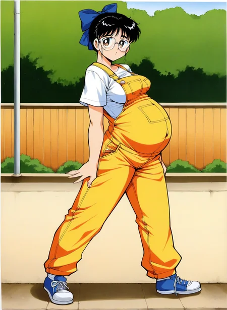 1girl, solo, looking at viewer, full body, outdoors, <lora:sinozaki_pony:1>, sinozaki, glasses, pregnant, hair bow, overalls, sneakers, medium breasts, from side,