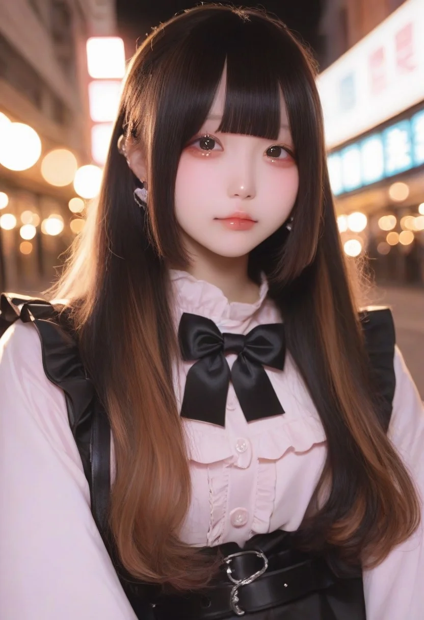 jirai kei, jiraikei face, a woman, solo, long hair, looking at viewer, jewelry, earrings, bangs, eyes, black hair,long sleeves, brown hair, shirt, white shirt, blunt bangs, upper body, dress, multicolored hair, closed mouth, bow, Street background,depth of field,bokeh, realistic,photorealistic,masterpiece,best quality,newest,highres,absurdres,photo,real life, real life insert, real world location, photo background