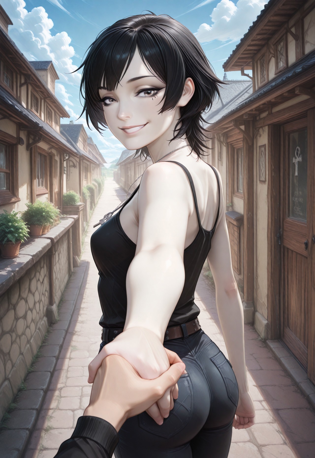  score_9, score_8_up, score_7_up, (masterpiece), very aesthetic,  high resolution, fataStyle, 
BREAK 1girl,  dethofend, pale skin, white skin, short hair, messy black hair, (tattoo under eye:1.3), ankh necklace, black tank top, belt, pants, smiling, skinny jeans, a large silver ankh necklace around her neck, goth girl , dark eyeliner, cover, geometric background, <lora:pulling-pov-illustriousxl-lora-nochekaiser:0.9>, pulling pov, looking at viewer, outdoors, sky, solo focus, day, cloud, holding hands, pov, pov hands, from behind
