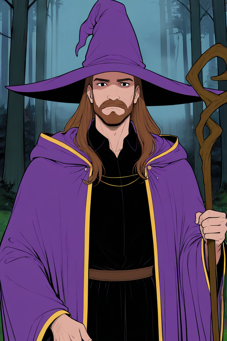 masterpiece, best quality, highres, newest, lineart, flat color, 1boy, solo, male focus, mature male, wizard, long hair, brown hair, black eyes, looking at viewer, hat, facial hair, beard, mustache, staff, wizard hat, purple hat, black shirt, collared shirt, robe, purple robe, hooded cloak, holding, holding staff, upper body, closed mouth, standing, outdoors, forest, nature, tree, fog, dark background <lora:LineArt Grey [LoRA] - NoobAI-XL EPS 1.0:0.8>