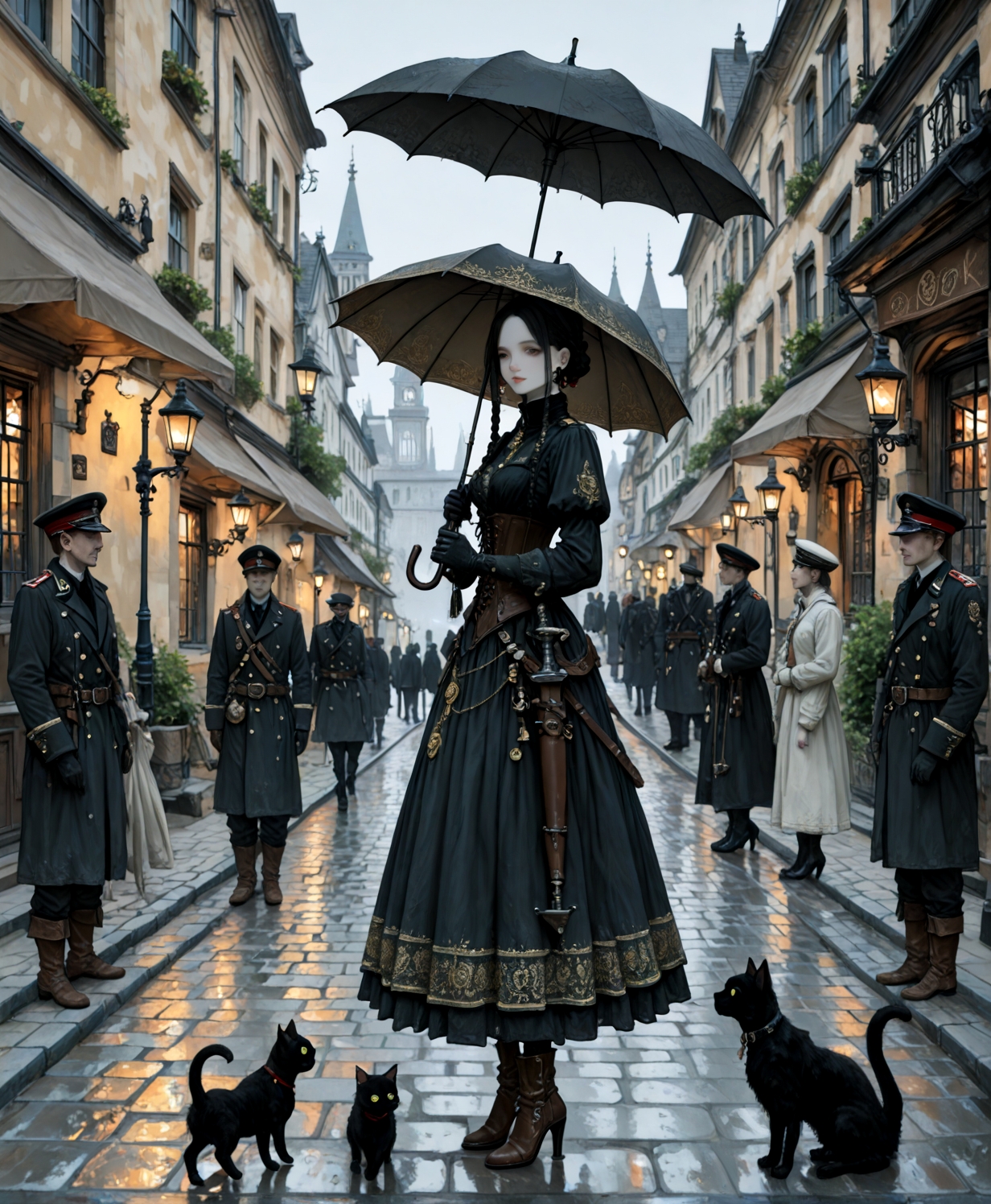 masterpiece, best quality, amazing quality, very aesthetic, perfect eyes, Sinozick_illu, crestyle, Sinozick_illu, gr4ph1t3,
,looking_at_viewer, multiple_girls, black_hair, gloves, long_sleeves, hat, dress, holding, jewelry, standing, weapon, braid, earrings, boots, outdoors, multiple_boys, day, black_gloves, belt, uniform, black_dress, high_heels, coat, military, black_headwear, military_uniform, animal, umbrella, brown_footwear, cat, plant, building, peaked_cap, corset, high_heel_boots, walking, 6+boys, dog, holding_umbrella, city, road, parasol, black_cat, lamppost, street, pavement, steampunk,A digital painting of a young woman with pale skin and black hair, wearing a dark, ornate dress with gold trim, standing on a cobblestone street in a medieval European town. She holds an open black umbrella above her head, and two small black cats, one on each side, are looking at her with curious expressions. Behind her, a group of men in similar military uniforms stand, observing her. The buildings on either side of the street are lit by street lamps, and the sky is overcast. The style is realistic with a touch of fantasy.
