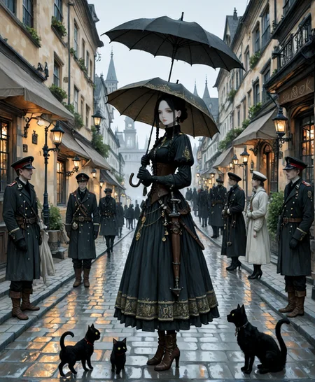 masterpiece, best quality, amazing quality, very aesthetic, perfect eyes, Sinozick_illu, crestyle, Sinozick_illu, gr4ph1t3,
,looking_at_viewer, multiple_girls, black_hair, gloves, long_sleeves, hat, dress, holding, jewelry, standing, weapon, braid, earrings, boots, outdoors, multiple_boys, day, black_gloves, belt, uniform, black_dress, high_heels, coat, military, black_headwear, military_uniform, animal, umbrella, brown_footwear, cat, plant, building, peaked_cap, corset, high_heel_boots, walking, 6+boys, dog, holding_umbrella, city, road, parasol, black_cat, lamppost, street, pavement, steampunk,A digital painting of a young woman with pale skin and black hair, wearing a dark, ornate dress with gold trim, standing on a cobblestone street in a medieval European town. She holds an open black umbrella above her head, and two small black cats, one on each side, are looking at her with curious expressions. Behind her, a group of men in similar military uniforms stand, observing her. The buildings on either side of the street are lit by street lamps, and the sky is overcast. The style is realistic with a touch of fantasy.