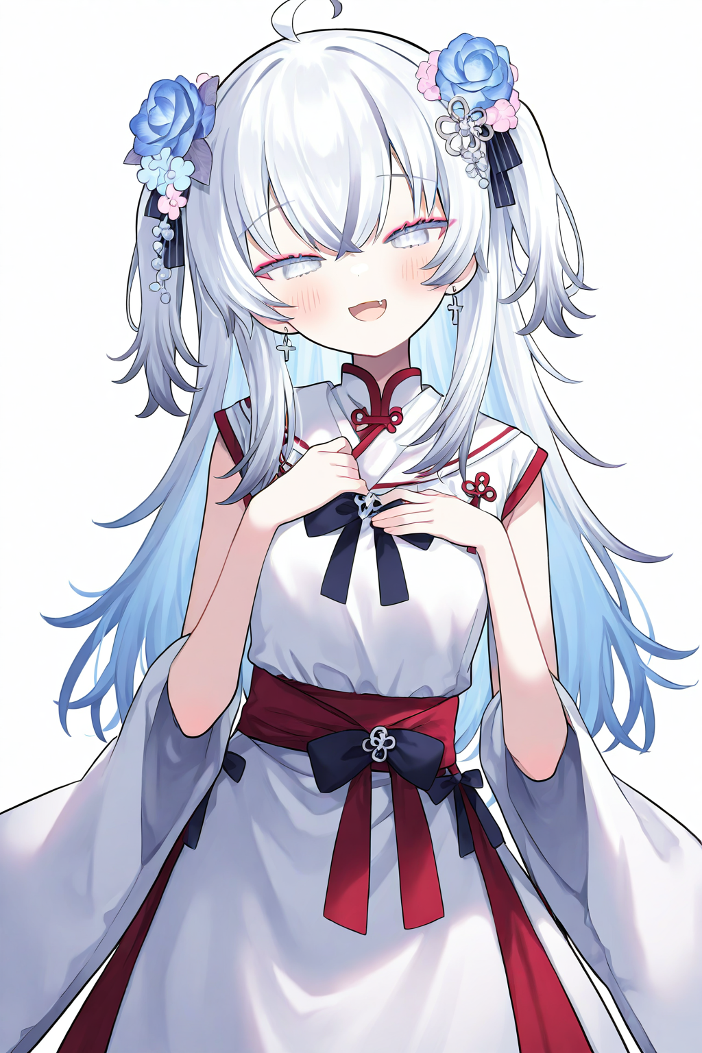 Azuma Seren,1girl,solo,simple background,white background,(four fingers:0.8),looking at viewer,smile,open mouth,blush,hand on own chest,:d,half-closed eyes,<lora:seren-000011>,alternate costume,miko,, masterpiece, best quality, very aesthetic, absurdres,newest, incredibly absurdres,