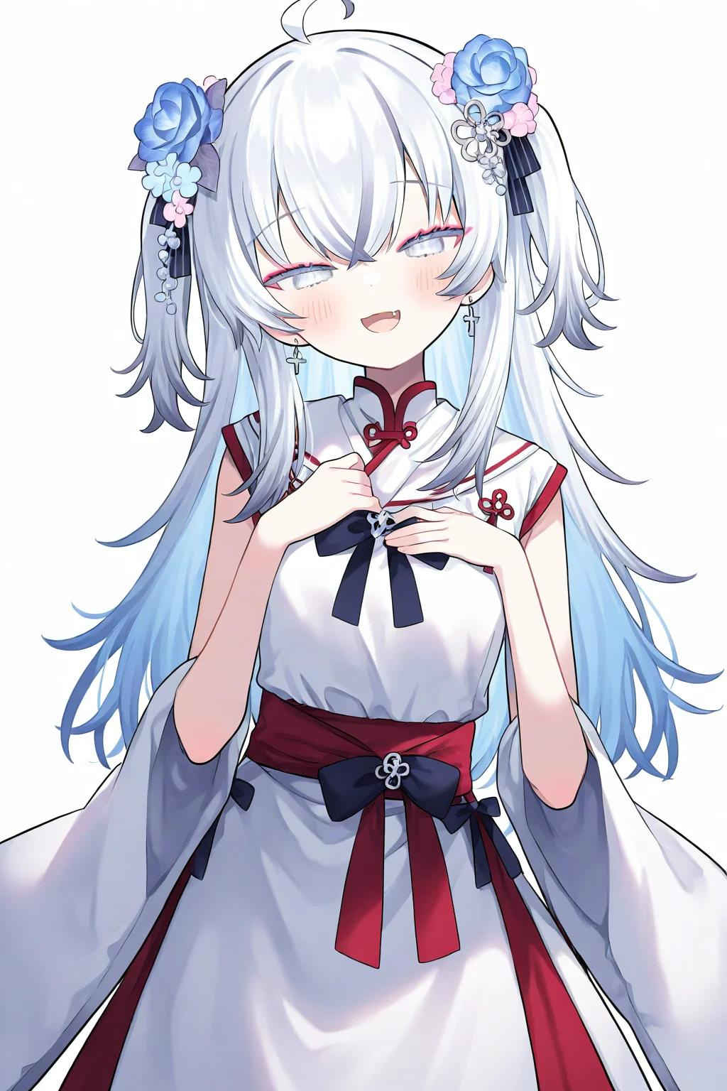 Azuma Seren,1girl,solo,simple background,white background,(four fingers:0.8),looking at viewer,smile,open mouth,blush,hand on own chest,:d,half-closed eyes,<lora:seren-000011>,alternate costume,miko,, masterpiece, best quality, very aesthetic, absurdres,newest, incredibly absurdres,