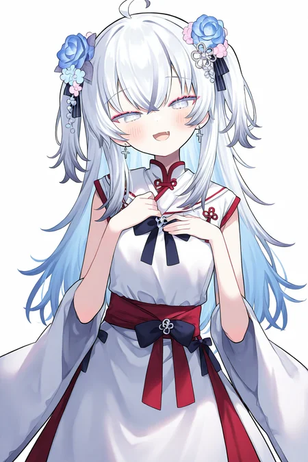 Azuma Seren,1girl,solo,simple background,white background,(four fingers:0.8),looking at viewer,smile,open mouth,blush,hand on own chest,:d,half-closed eyes,<lora:seren-000011>,alternate costume,miko,, masterpiece, best quality, very aesthetic, absurdres,newest, incredibly absurdres,
