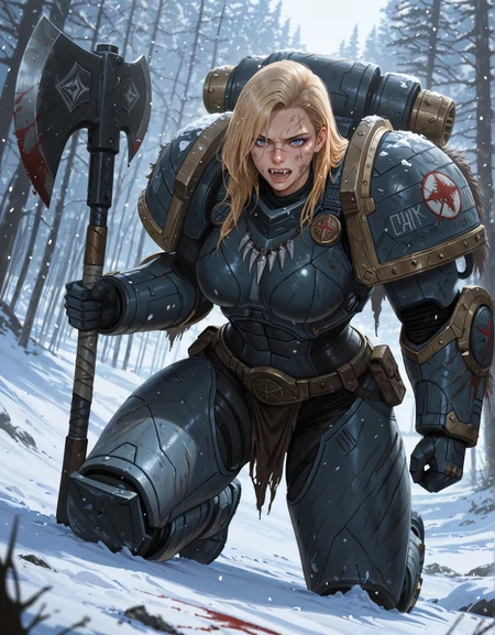 masterpiece, best quality,high quality, newest, highres,8K,HDR,absurdres, dynamic angle, realistic, 1girl, iLLemanR40K, solo, power armor, fangs, necklace, scar, kneeling, snow, holding an axe, dirty, bloody <lora:iLLemanR40K:1>