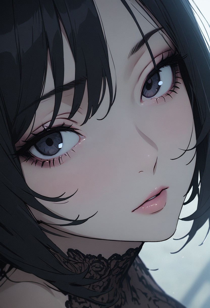 1woman, solo, villainess,, pale skin, black eyes, bob hair, black hair, evil look, big breasts, 
cinematic, (masterpiece), (best quality), (ultra-detailed), very aesthetic, illustration, detailed eyes, perfect eyes, detailed  face, (beautiful detailed face, beautiful detailed eyes) ,extreme details eyes
masterpiece, best quality, amazing quality, very aesthetic, (flat colors:1), (Artist:ilya kuvshinov:1), (Artitst: incase0.65), 1MILF, open eyes, angle, (motion lines:0.3), (motion blur:0.3), mature female,
BREAK 
She wears a gothic gown of sheer black lace over layers of shimmering deep blue, embroidered with silver filigree. Behind her, a gothic palace emerges from the mist, bathed in eerie moonlight.