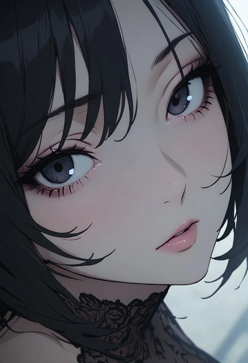 1woman, solo, villainess,, pale skin, black eyes, bob hair, black hair, evil look, big breasts, 
cinematic, (masterpiece), (best quality), (ultra-detailed), very aesthetic, illustration, detailed eyes, perfect eyes, detailed  face, (beautiful detailed face, beautiful detailed eyes) ,extreme details eyes
masterpiece, best quality, amazing quality, very aesthetic, (flat colors:1), (Artist:ilya kuvshinov:1), (Artitst: incase0.65), 1MILF, open eyes, angle, (motion lines:0.3), (motion blur:0.3), mature female,
BREAK 
She wears a gothic gown of sheer black lace over layers of shimmering deep blue, embroidered with silver filigree. Behind her, a gothic palace emerges from the mist, bathed in eerie moonlight.