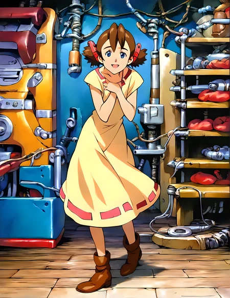 <lora:pony_xl_josette:0.9>,josette,score_9,score_8_up,score_7_up,source_anime,1girl,solo,looking_at_viewer,yellow dress,boots,lower the ocarina from the neck,happy,smile,:d,hands_on_own_chest,standing,leaning_forward,front view,cowboy_shot,indoor,electrical room,engine room,wood floors,
