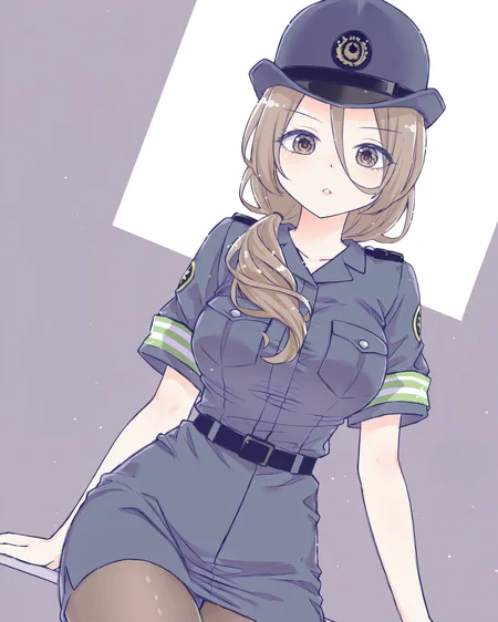 (1girl:0.6),solo,
(hahaoya:0.8),hair between eyes,brown hair,brown eyes,long hair,hair over shoulder,breasts,
police uniform, police hat, pantyhose,
cowboy shot, looking at viewer,
best quality,high quality,highres,(jyt:0.2),huaxiao style,
<lora:fingers_adjuster_illustrious2.0stable_v1.0:1>,<lora:huaxiao_ill01:1>,<lora:huaxiao_ill01-000030:0>,