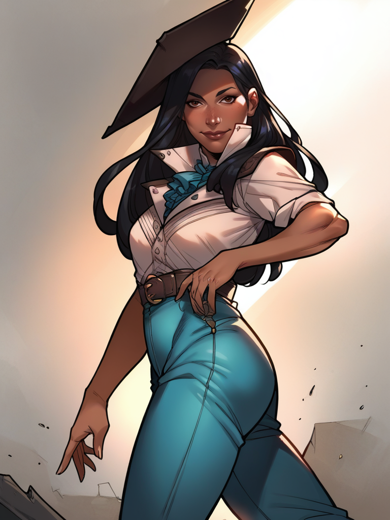 score_9, score_8_up, score_7_up, 1girl, dynamic pose, cowboy shot, light smile, looking at viewer, daylight, sexy pose, sexually suggestive, white light,
<lora:ANaveGallus_character:0.8>, NaveGallus, black hair, long hair, brown eyes, dark skin, white shirt, blue pants, belt, high collar, hat, cartoon, <lora:AKittyHand_style:0.7>, KittyHand, from side,