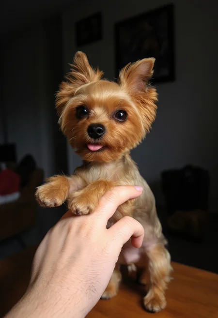 Ultra-realistic 32K photographed, a tiny cute yorkshire terrier dog allab with disheveled fur sitting on a human index finger, the finger is positioned sideways with clear detail of the skin's texture. The messy hair adds character to the scene, background is slightly out of focus, natural light gently highlights the subjects, shot with a Leica Q2, strong color contrast and sharp clarity, ultra sharp focus photo, cinematic, beautiful, vibrant, masterpiece, 32k, ultra HD, ultra-detailed, amazing quality, amazing artist, sharp edges, detailed textures, full view, atmospheric lighting, amazing visuals.