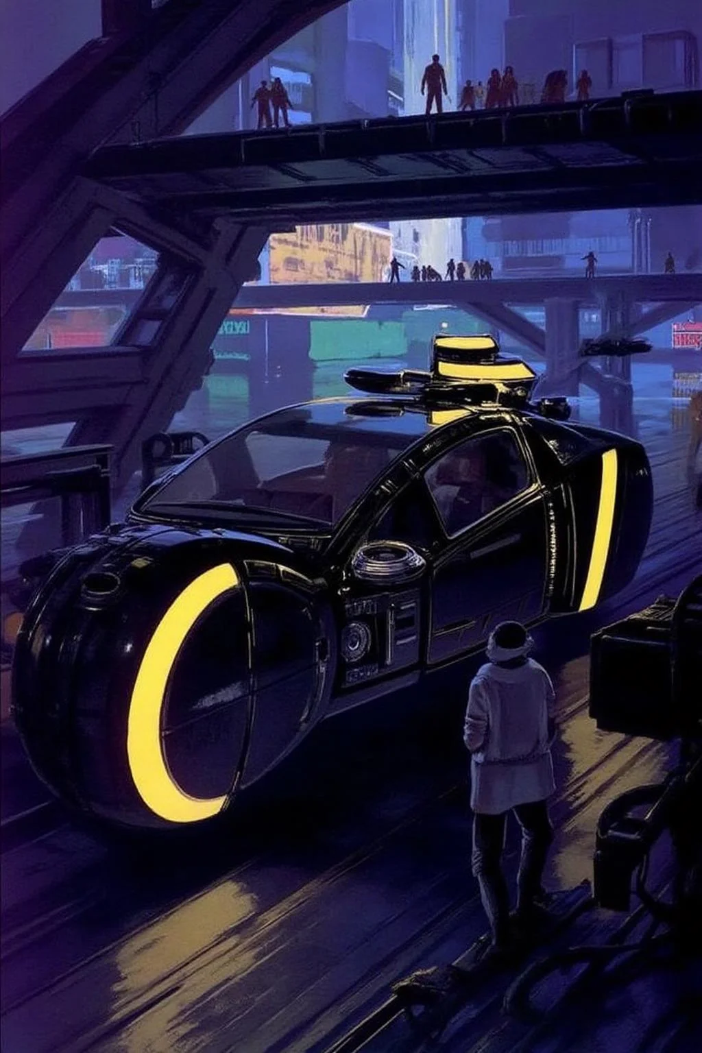 sydme1 painting of a black spinner flying hovercraft with a yellow stripe running down its side. The cockpit of the hovercraft is made of glass, and it has a yellow light shining through it. In the distance, a group of people can be seen walking on a bridge. The bridge is made up of metal, Background is a neon lit cyberpunk city. <lora:sydme6_cap_d6a3:1.0><lora:810972078686652861:0>
