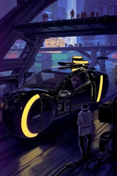 sydme1 painting of a black spinner flying hovercraft with a yellow stripe running down its side. The cockpit of the hovercraft is made of glass, and it has a yellow light shining through it. In the distance, a group of people can be seen walking on a bridge. The bridge is made up of metal, Background is a neon lit cyberpunk city. <lora:sydme6_cap_d6a3:1.0><lora:810972078686652861:0>