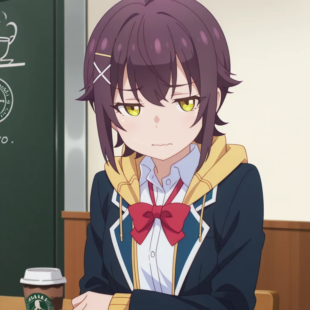 nsfw, masterpiece, best quality, 1girl, solo, the_dreaming_boy_is_a_realist_kei_ashida, x hair ornament, hair ornament, school uniform, short hair, looking at viewer, jacket, green eyes, parody, bow, red bow, yellow eyes, shirt, closed mouth, long sleeves, white shirt, wavy mouth, coffee shop, <lora:Kei_Ashida_-_The_Dreaming_Boy_Is_a_Realist:0.7>